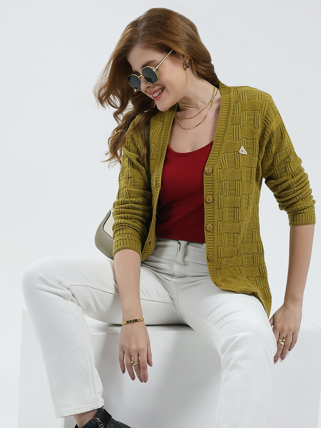 Women Mustard Self Design V Neck Full Sleeve Cardigan