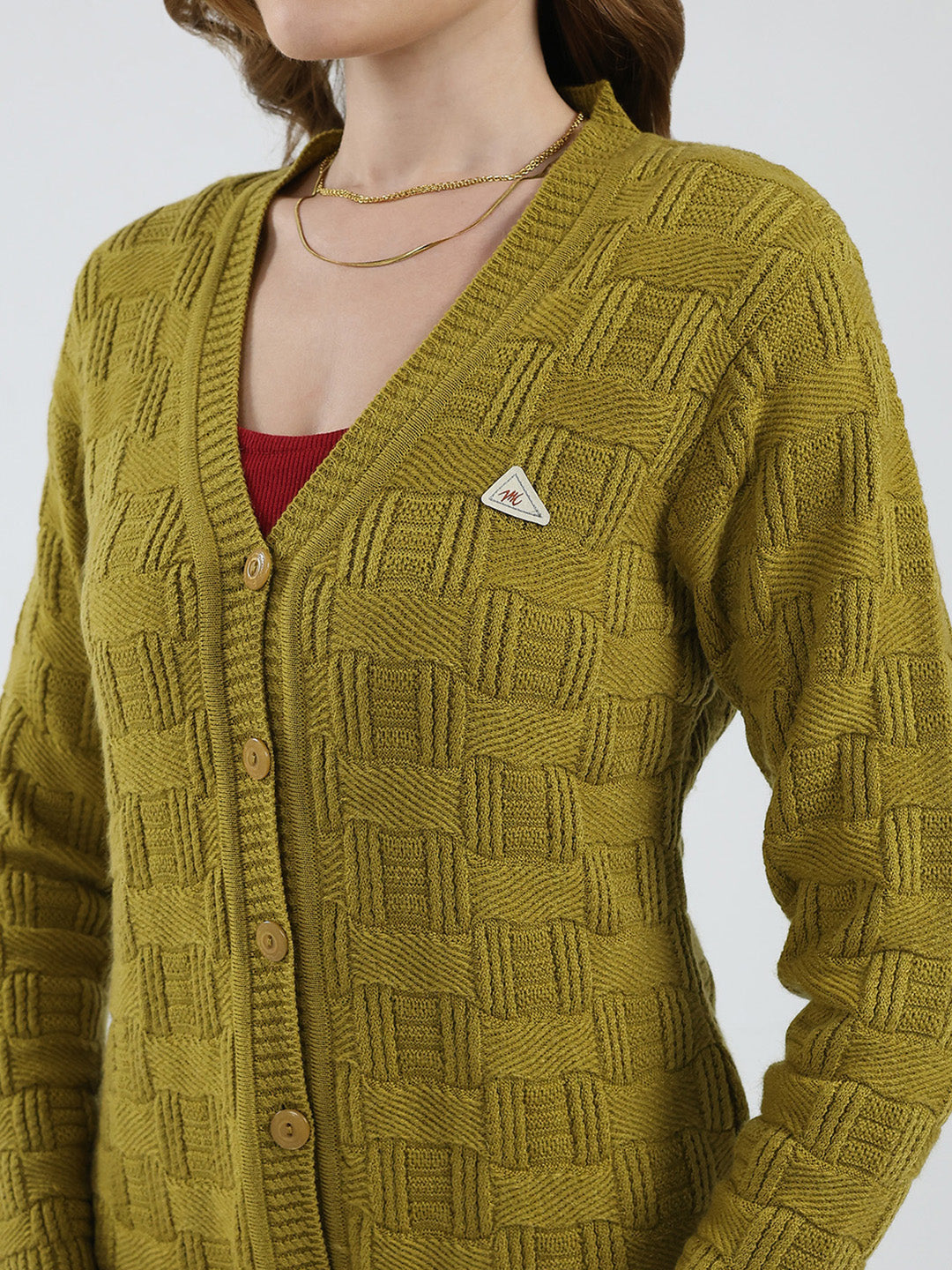 Women Mustard Self Design V Neck Full Sleeve Cardigan