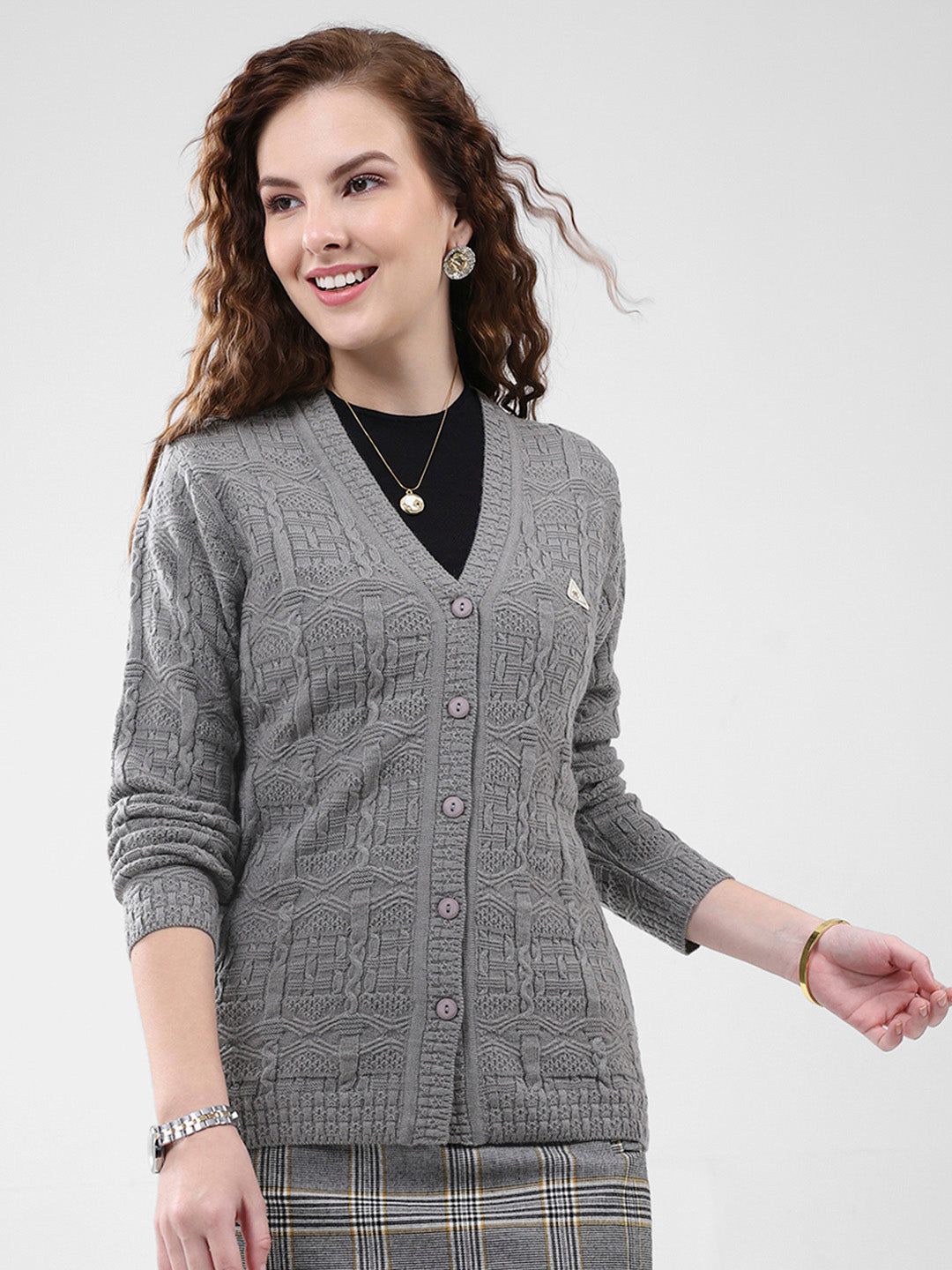 Women Grey Self Design V Neck Full Sleeve Cardigan