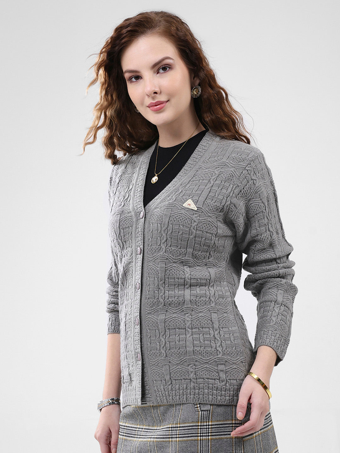 Women Grey Self Design V Neck Full Sleeve Cardigan