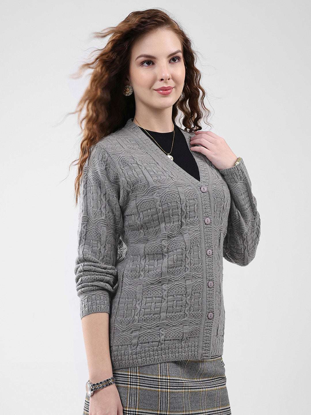 Women Grey Self Design V Neck Full Sleeve Cardigan