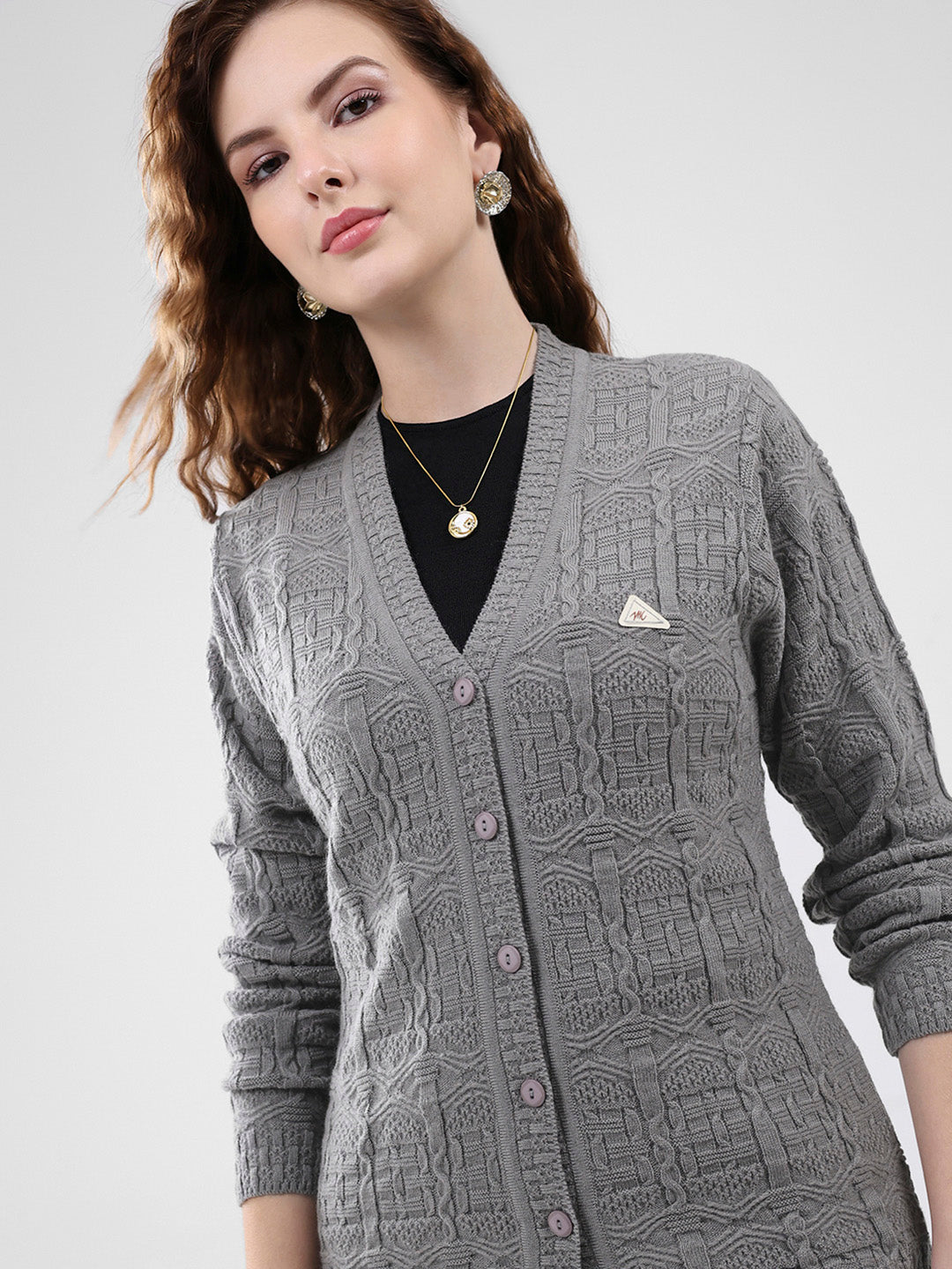 Women Grey Self Design V Neck Full Sleeve Cardigan