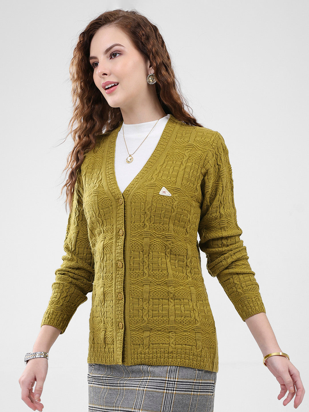 Women Mustard Self Design V Neck Full Sleeve Cardigan