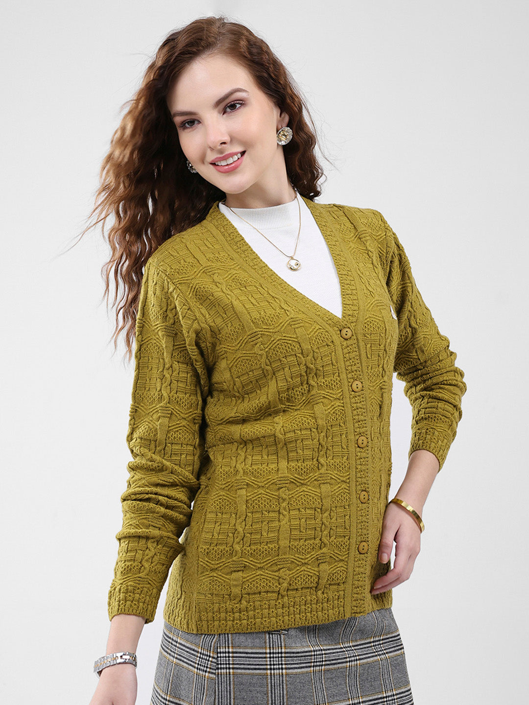 Women Mustard Self Design V Neck Full Sleeve Cardigan