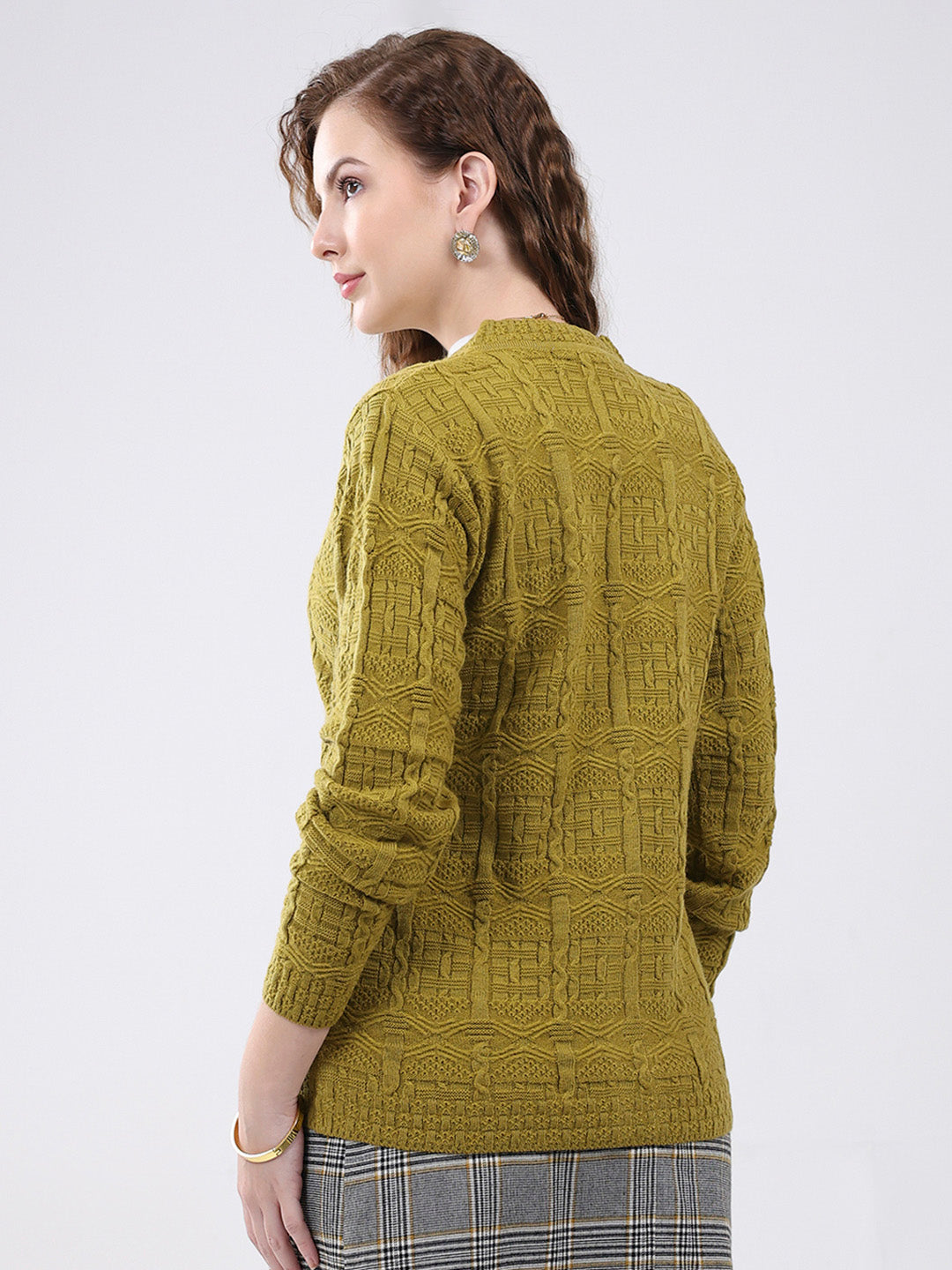 Women Mustard Self Design V Neck Full Sleeve Cardigan