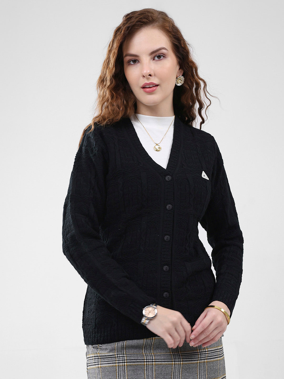 Women Black Self Design V Neck Full Sleeve Cardigan