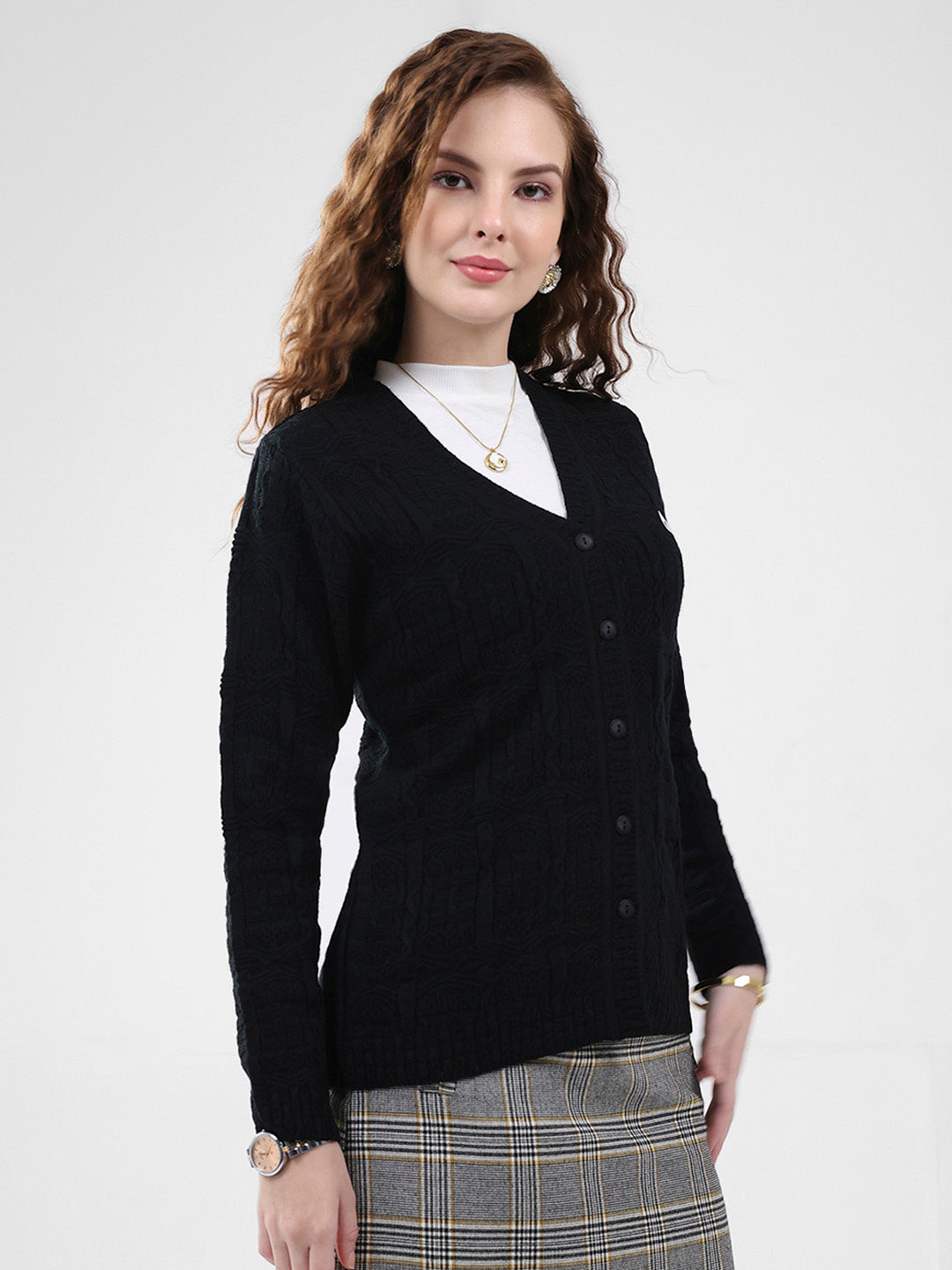 Women Black Self Design V Neck Full Sleeve Cardigan