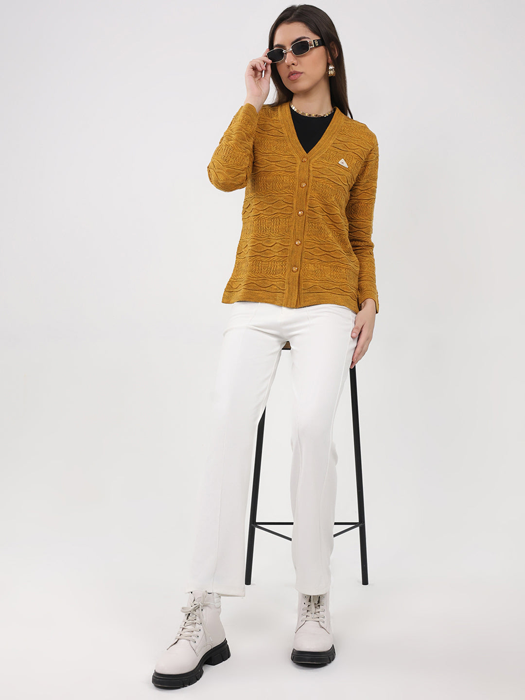 Women Mustard Self Design V Neck Full Sleeve Cardigan