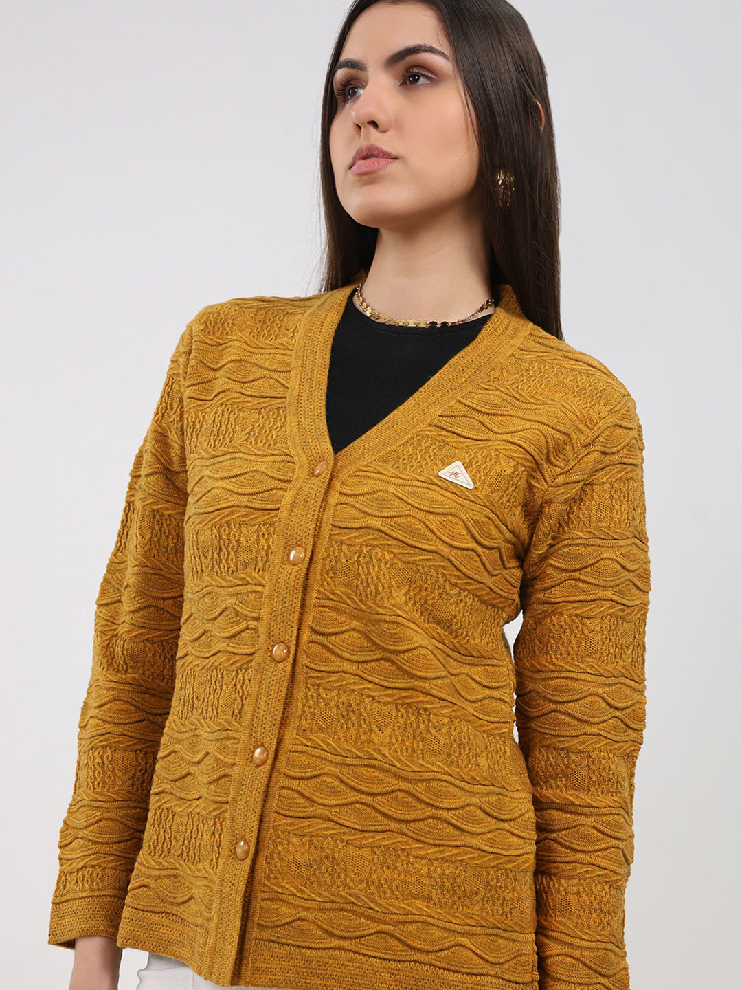 Women Mustard Self Design V Neck Full Sleeve Cardigan