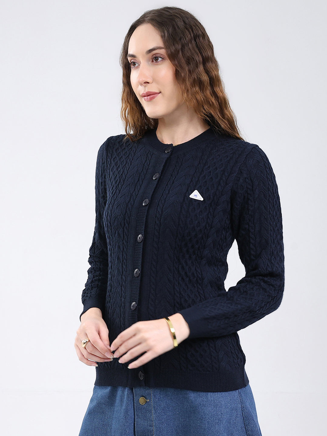 Women Navy Blue Self Design Round Neck Full Sleeve Cardigan