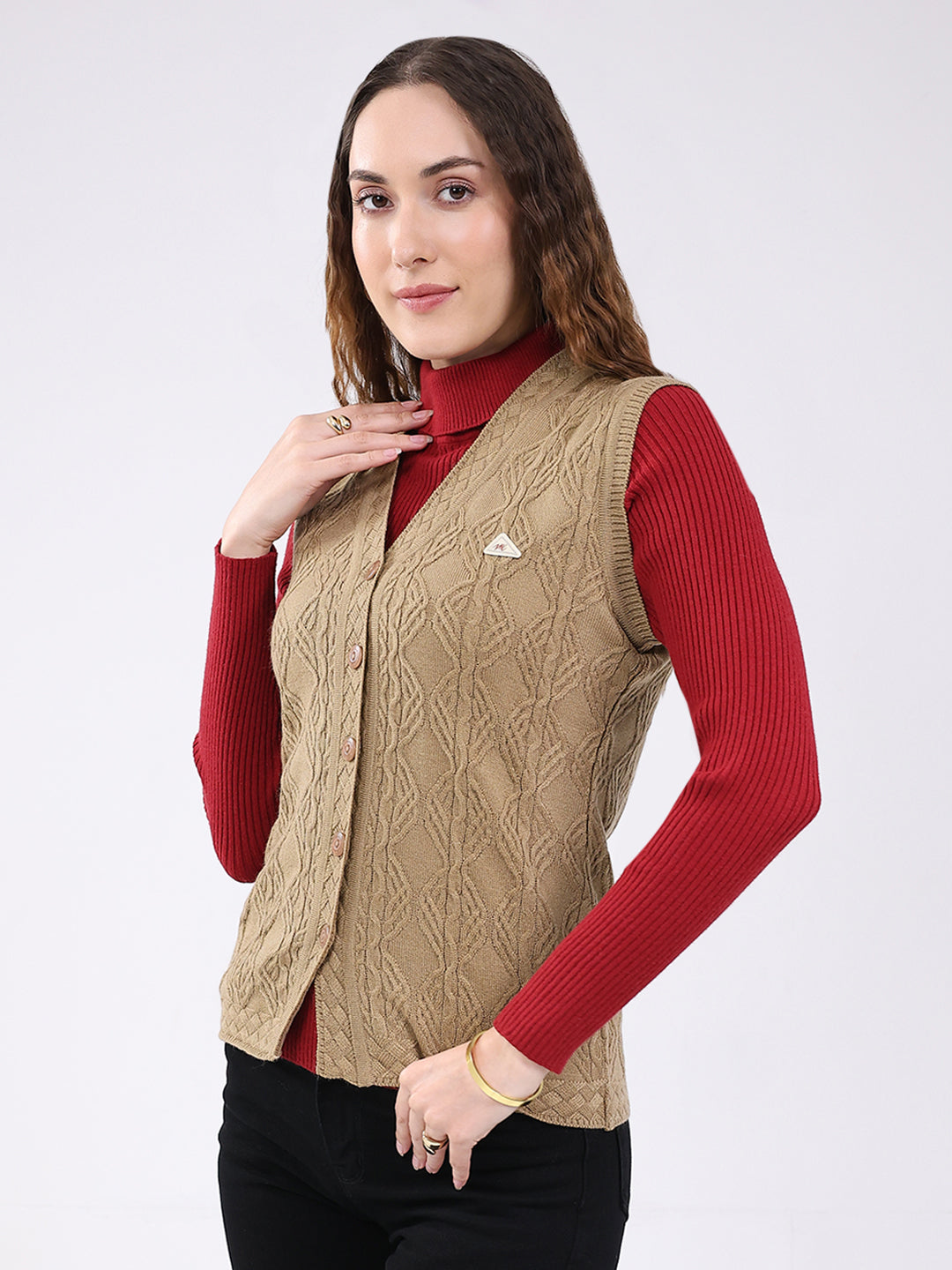Women Camel Brown Self Design V Neck Sleeveless Cardigan