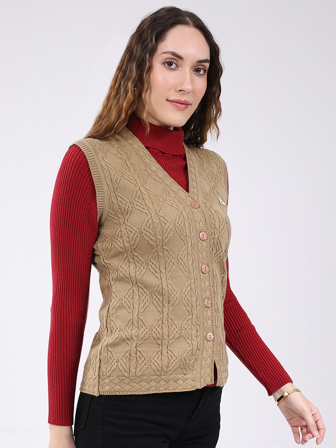 Women Camel Brown Self Design V Neck Sleeveless Cardigan