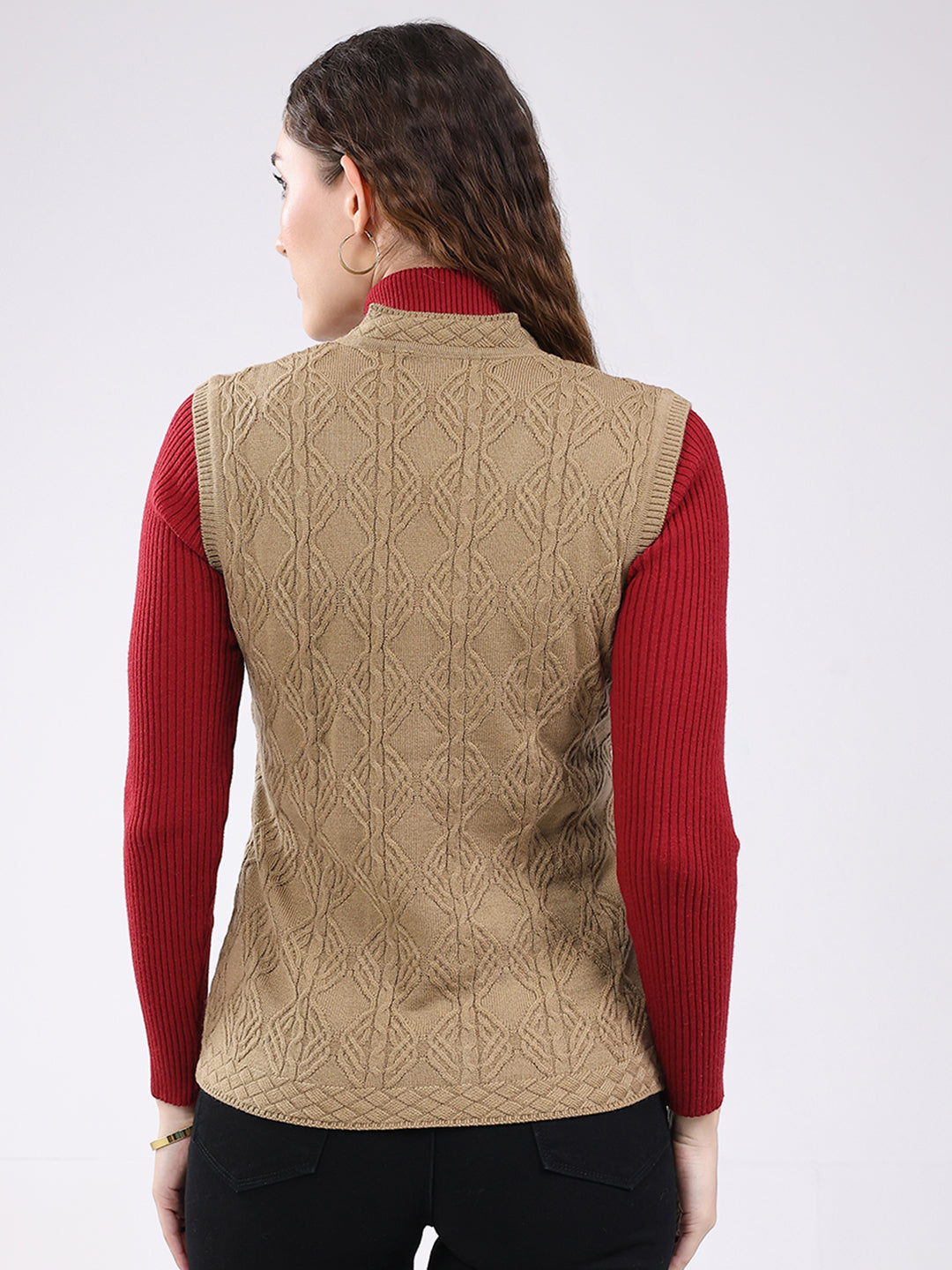 Women Camel Brown Self Design V Neck Sleeveless Cardigan