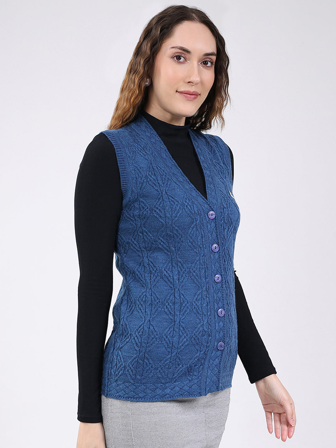Women Blue Self Design V Neck Sleeveless Cardigan