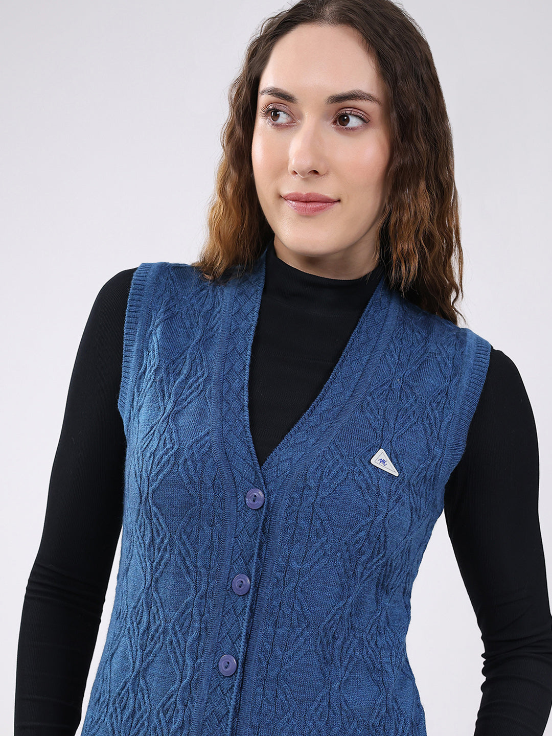 Women Blue Self Design V Neck Sleeveless Cardigan