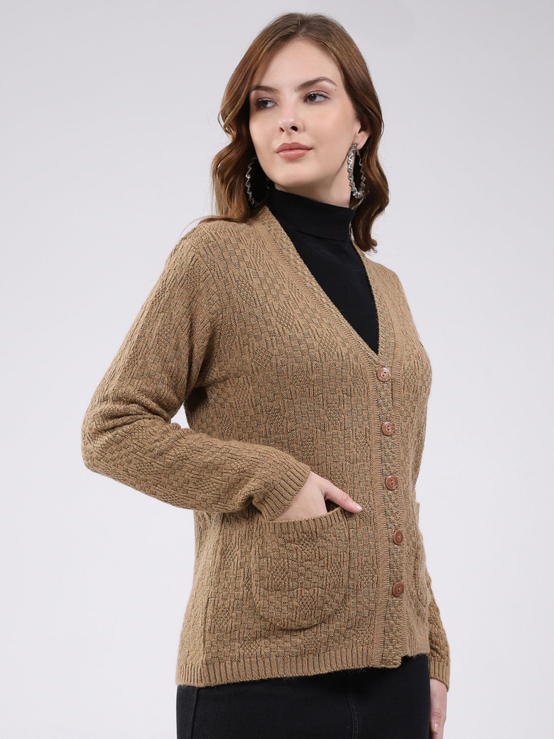 Women Camel Brown Self Design V Neck Full Sleeve Cardigan