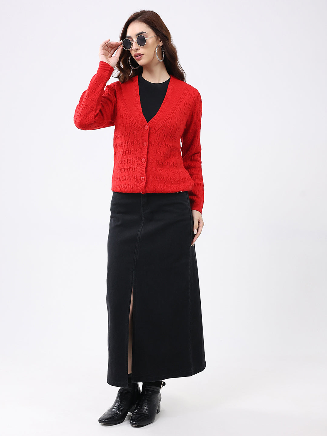 Women Red Solid V Neck Full Sleeve Cardigan