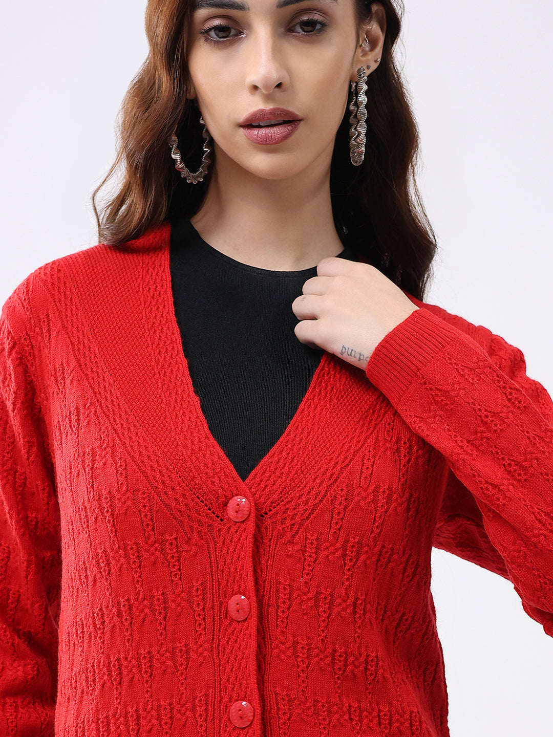 Women Red Solid V Neck Full Sleeve Cardigan