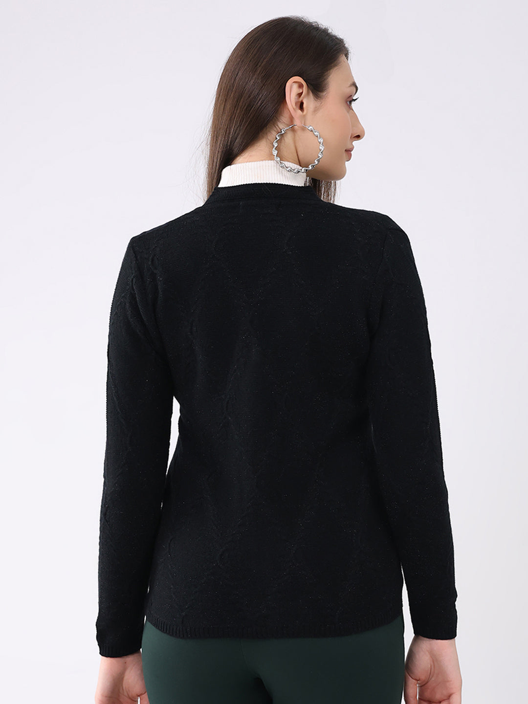 Women Black Solid V Neck Full Sleeve Cardigan
