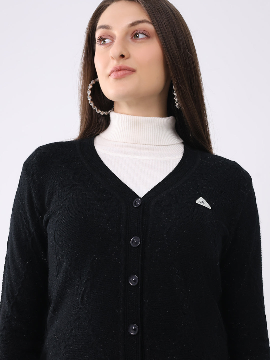 Women Black Solid V Neck Full Sleeve Cardigan