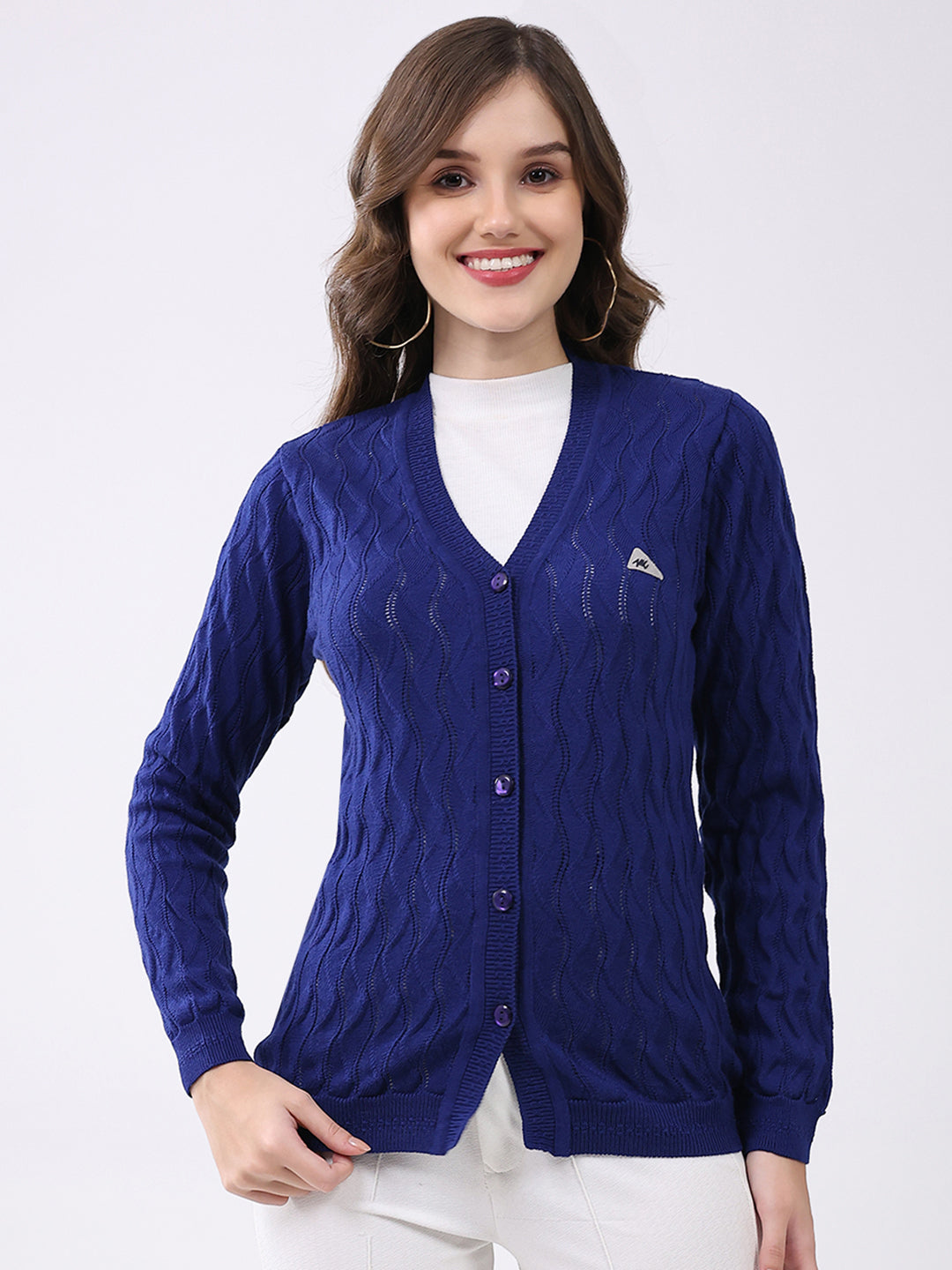 Women Blue Self Design V Neck Full Sleeve Cardigan