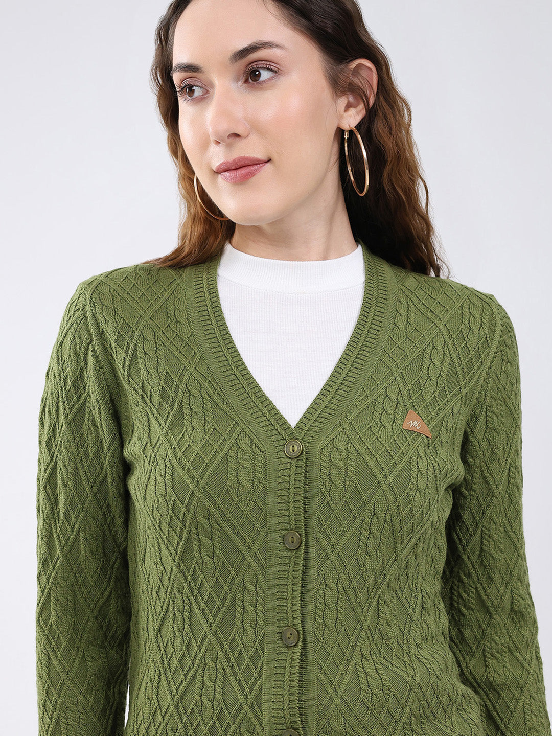 Women Green Self Design V Neck Full Sleeve Cardigan