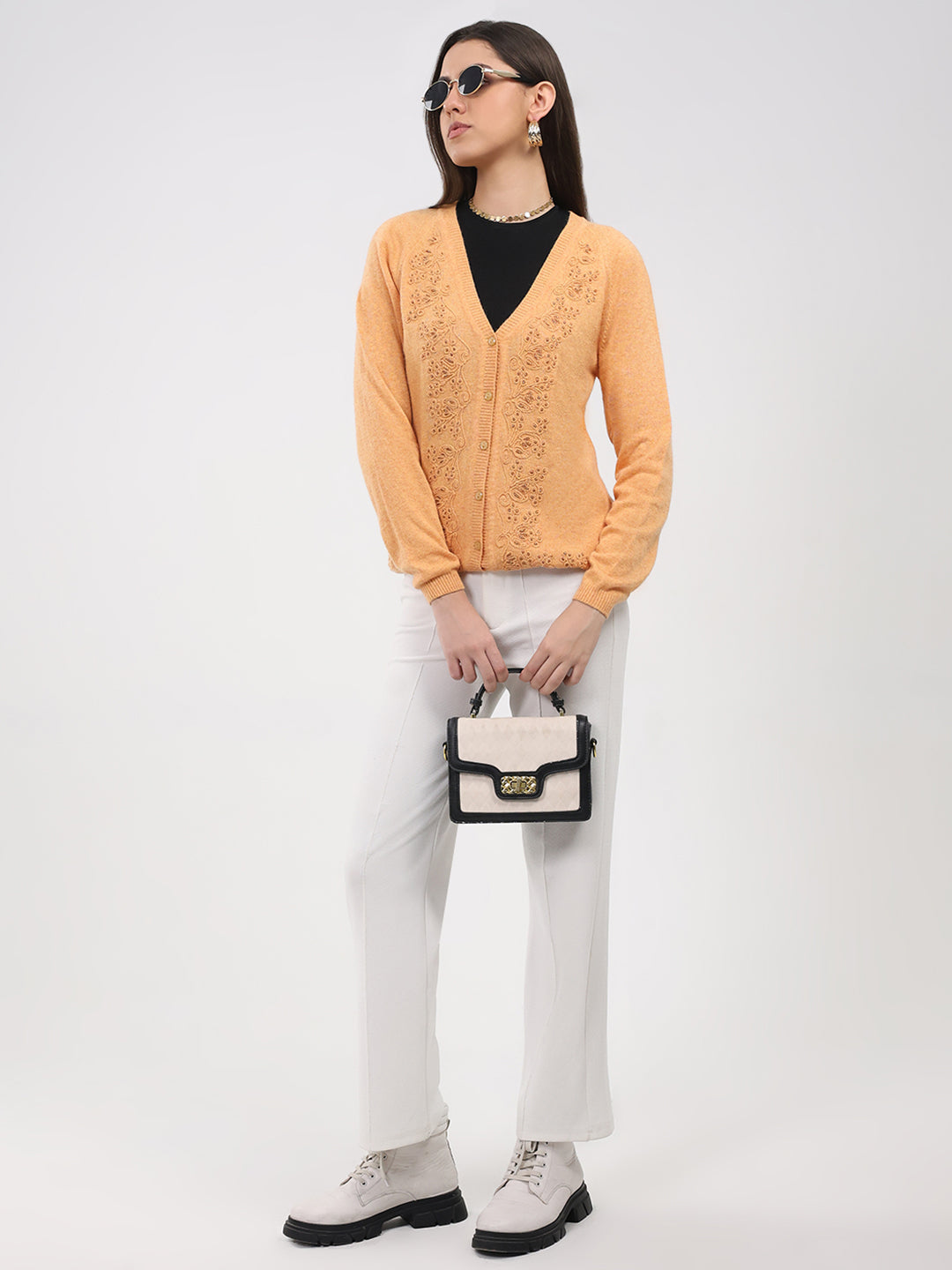 Women Peach Self Design V Neck Full Sleeve Cardigan