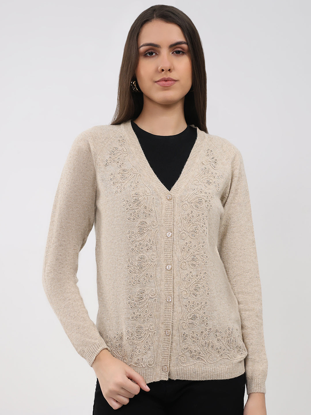 Women Beige Self Design V Neck Full Sleeve Cardigan
