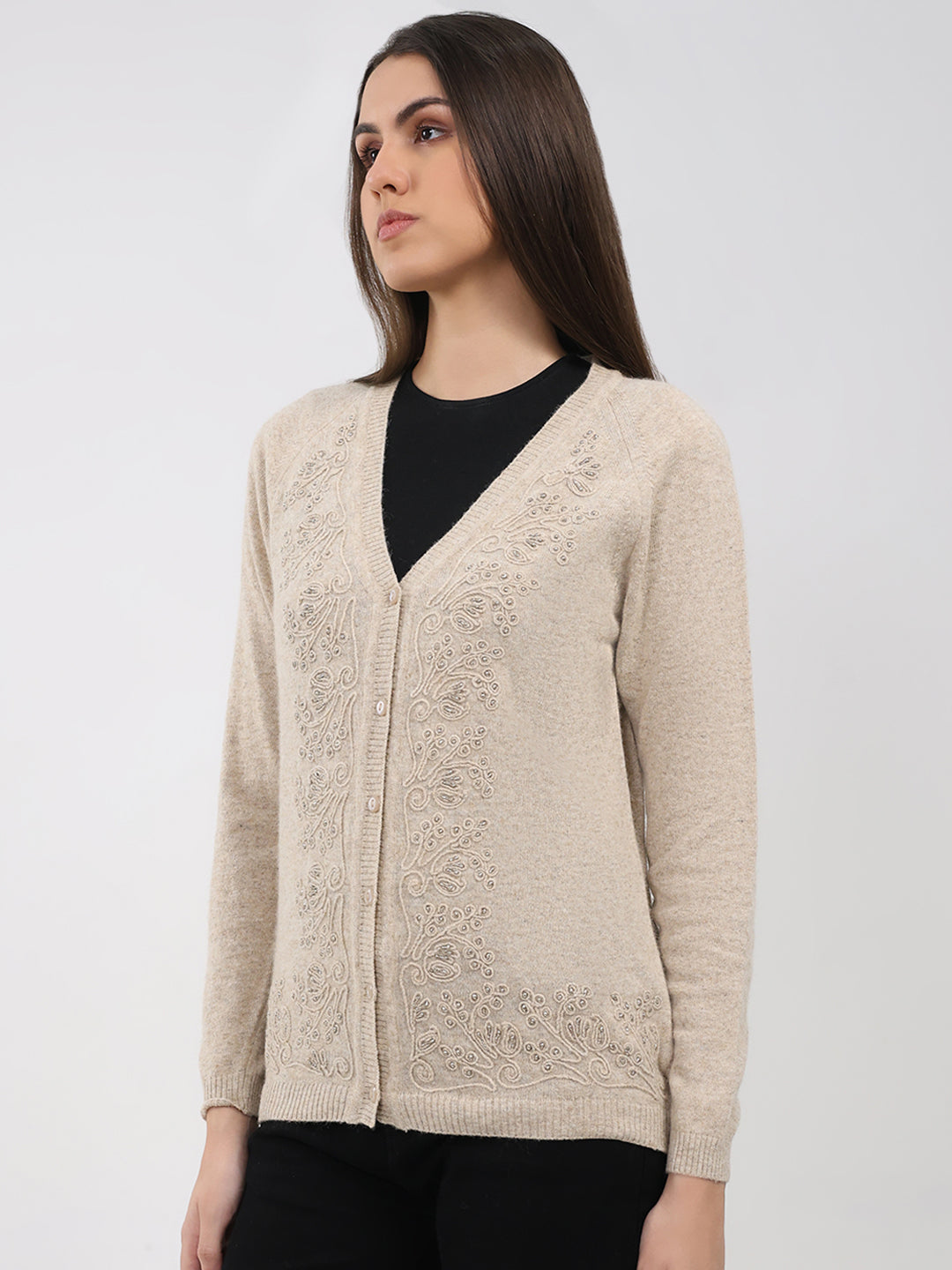 Women Beige Self Design V Neck Full Sleeve Cardigan