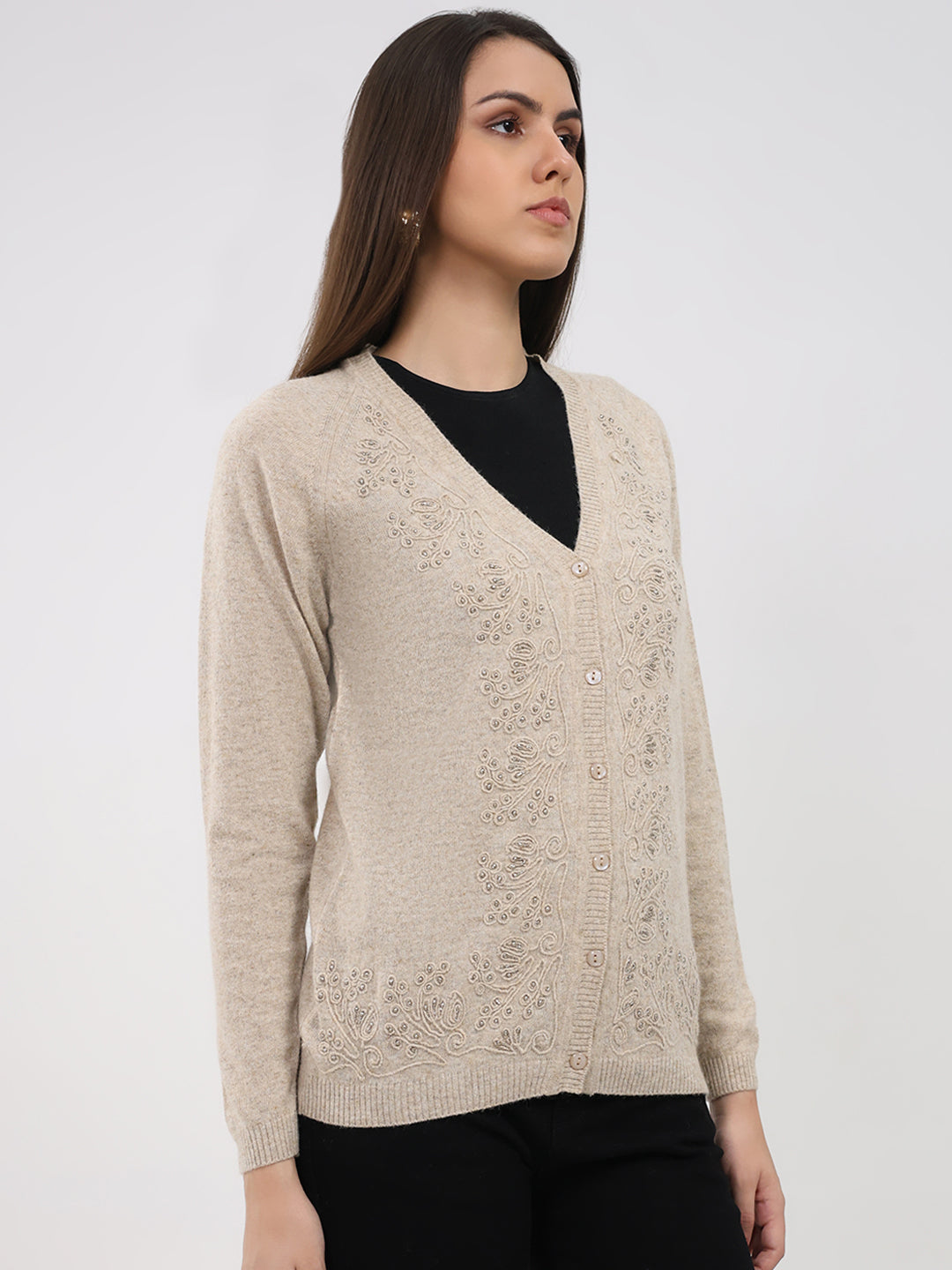 Women Beige Self Design V Neck Full Sleeve Cardigan