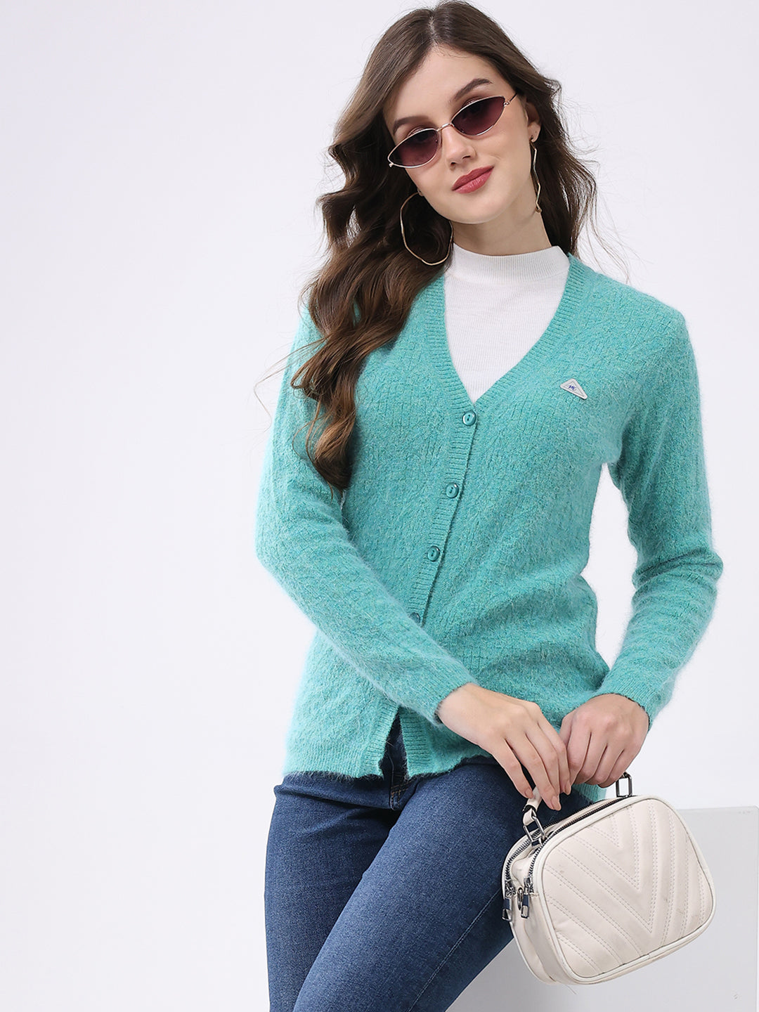 Women Aqua Blue Self Design V Neck Full Sleeve Cardigan