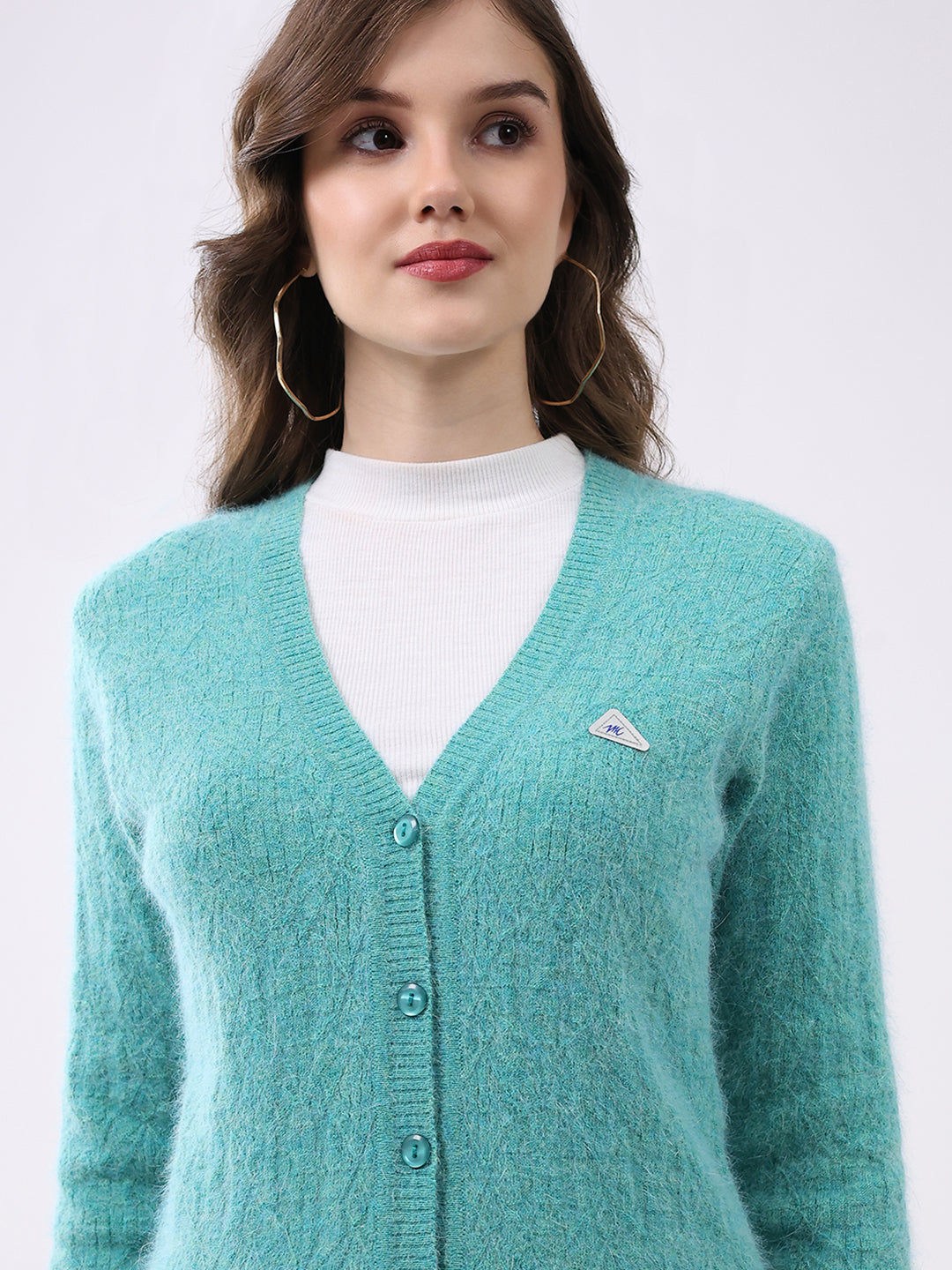 Women Aqua Blue Self Design V Neck Full Sleeve Cardigan