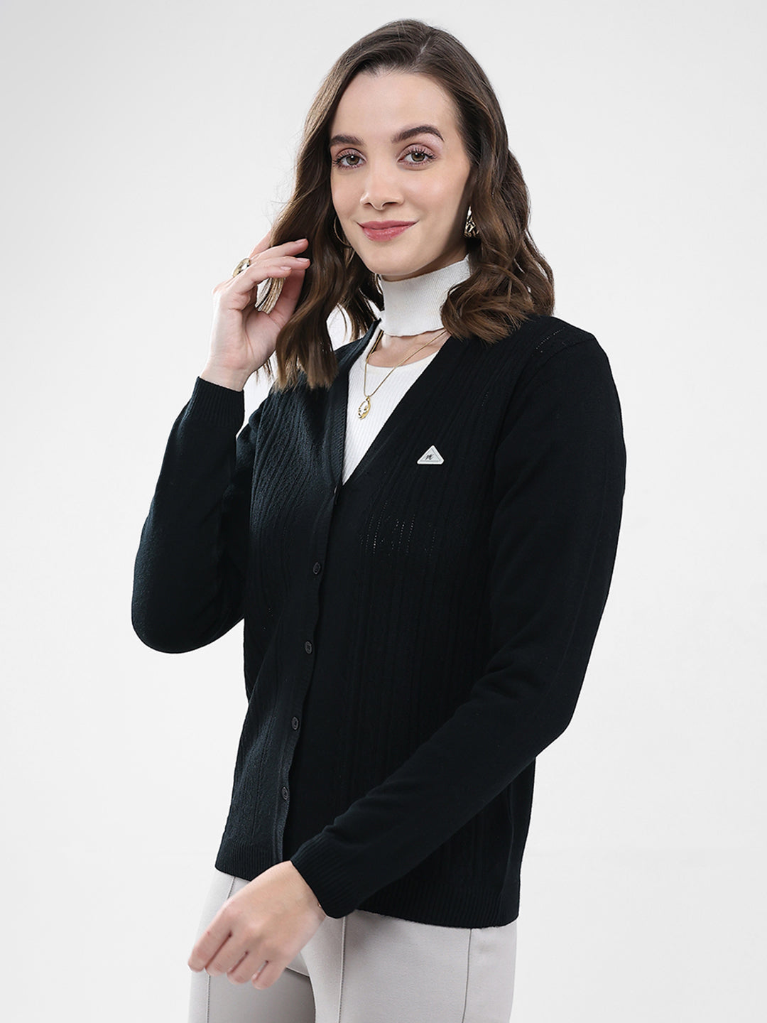 Women Black Self Design V Neck Full Sleeve Cardigan