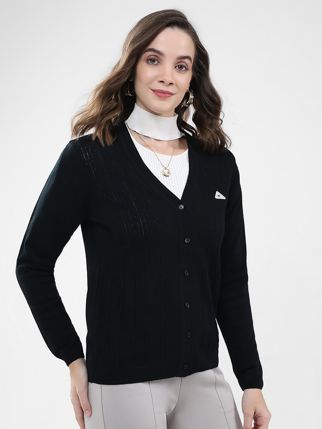 Women Black Self Design V Neck Full Sleeve Cardigan