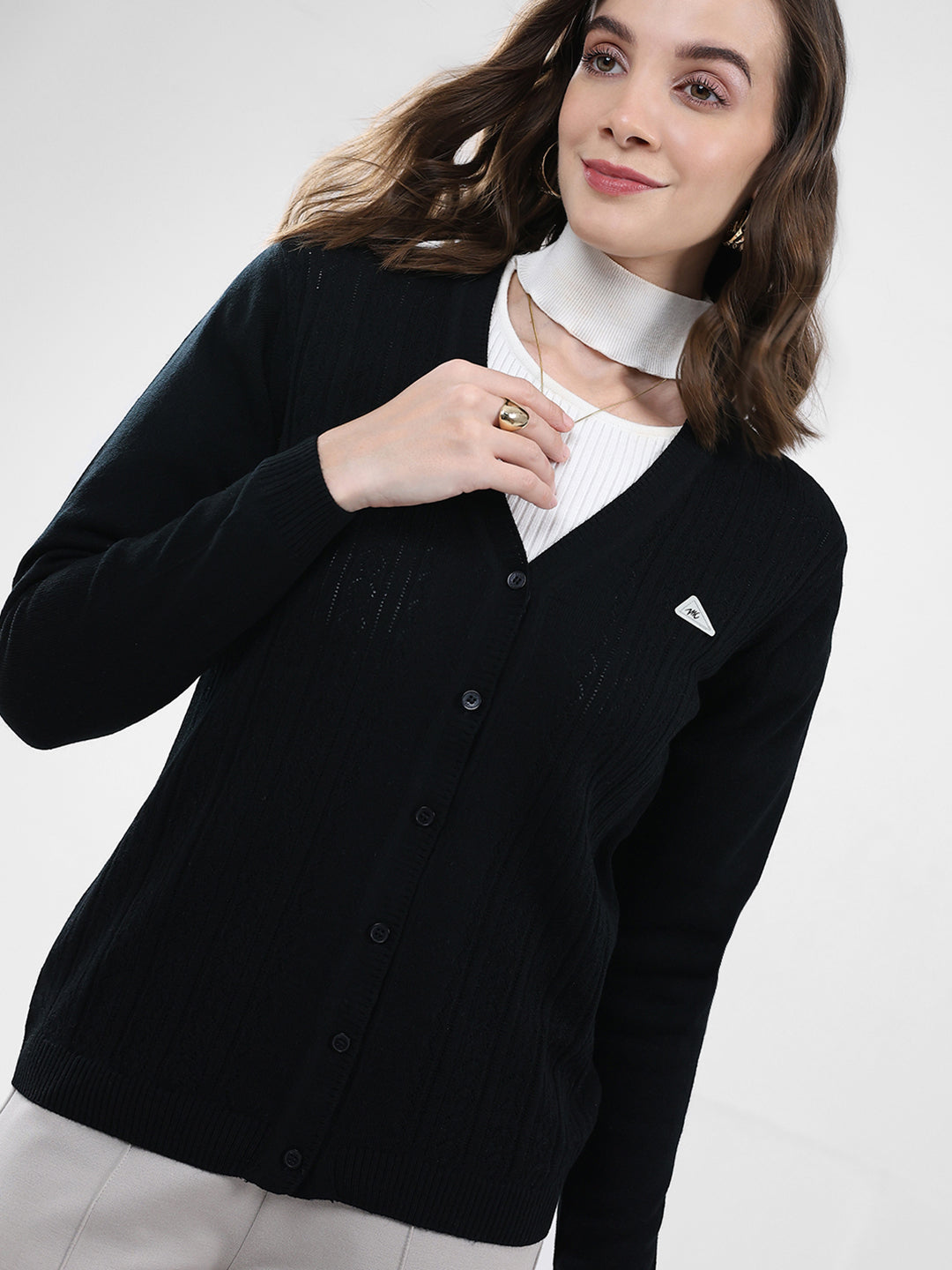 Women Black Self Design V Neck Full Sleeve Cardigan