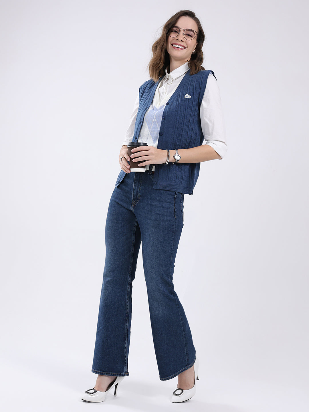 Women Blue Self Design V Neck Sleeveless Cardigan