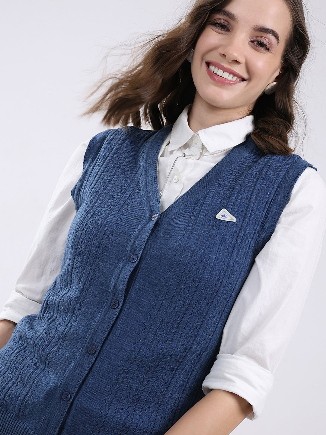 Women Blue Self Design V Neck Sleeveless Cardigan