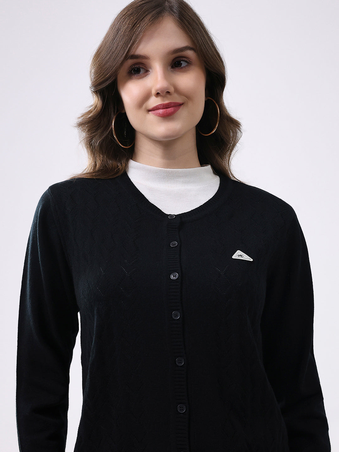 Women Black Self Design Round Neck Full Sleeve Cardigan