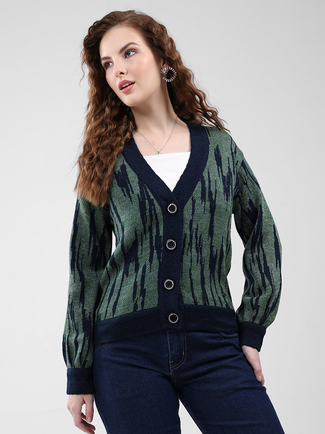 Women Navy Blue Self Design V Neck Full Sleeve Cardigan