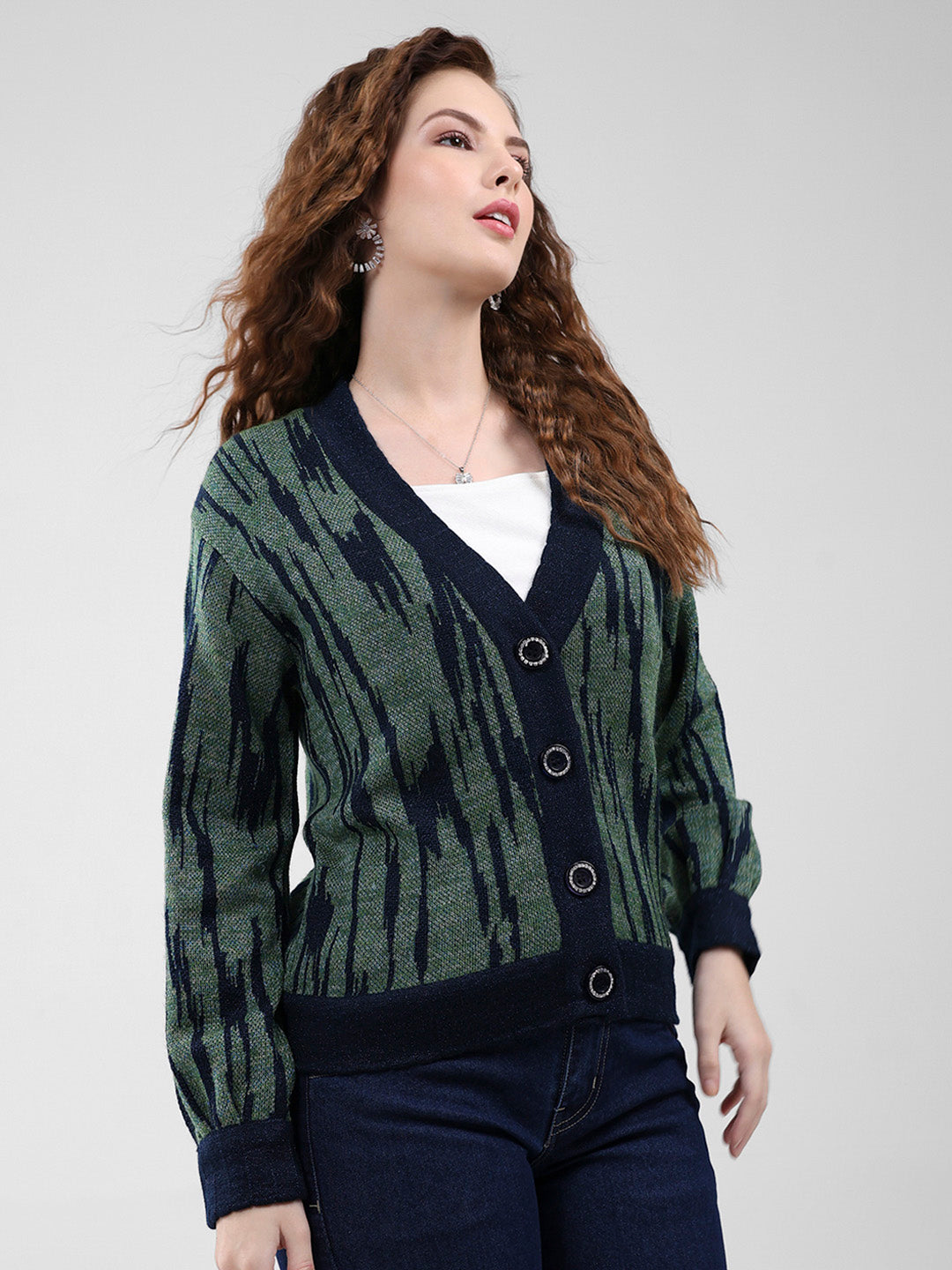 Women Navy Blue Self Design V Neck Full Sleeve Cardigan