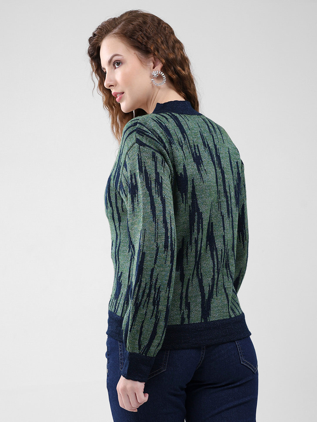 Women Navy Blue Self Design V Neck Full Sleeve Cardigan