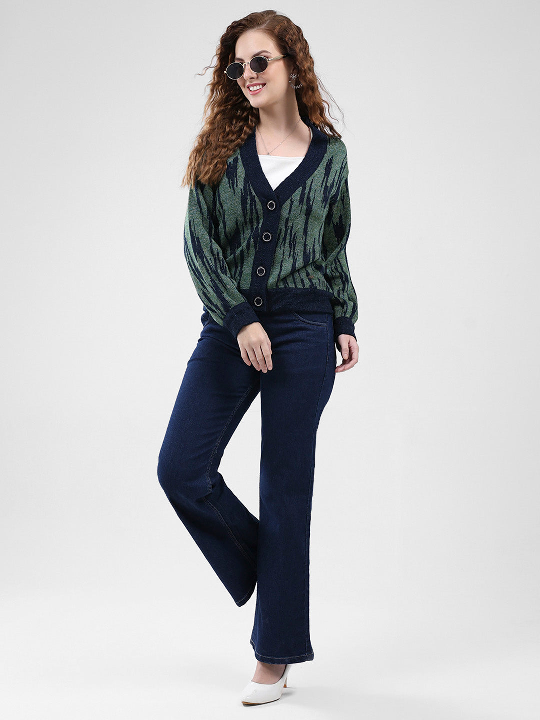 Women Navy Blue Self Design V Neck Full Sleeve Cardigan