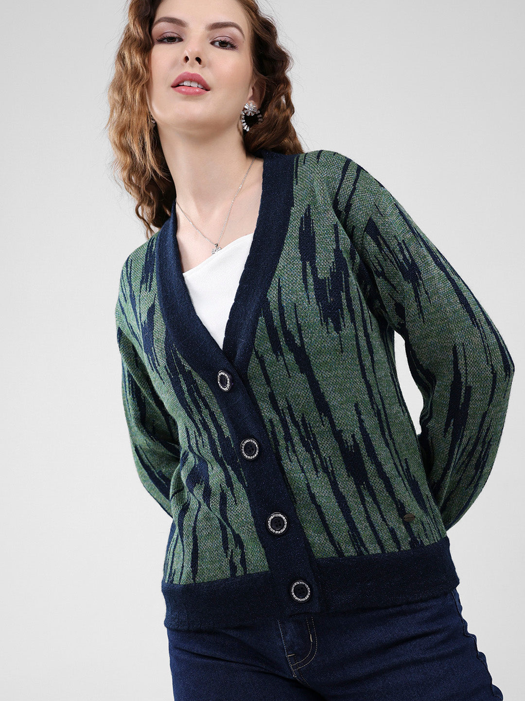 Women Navy Blue Self Design V Neck Full Sleeve Cardigan