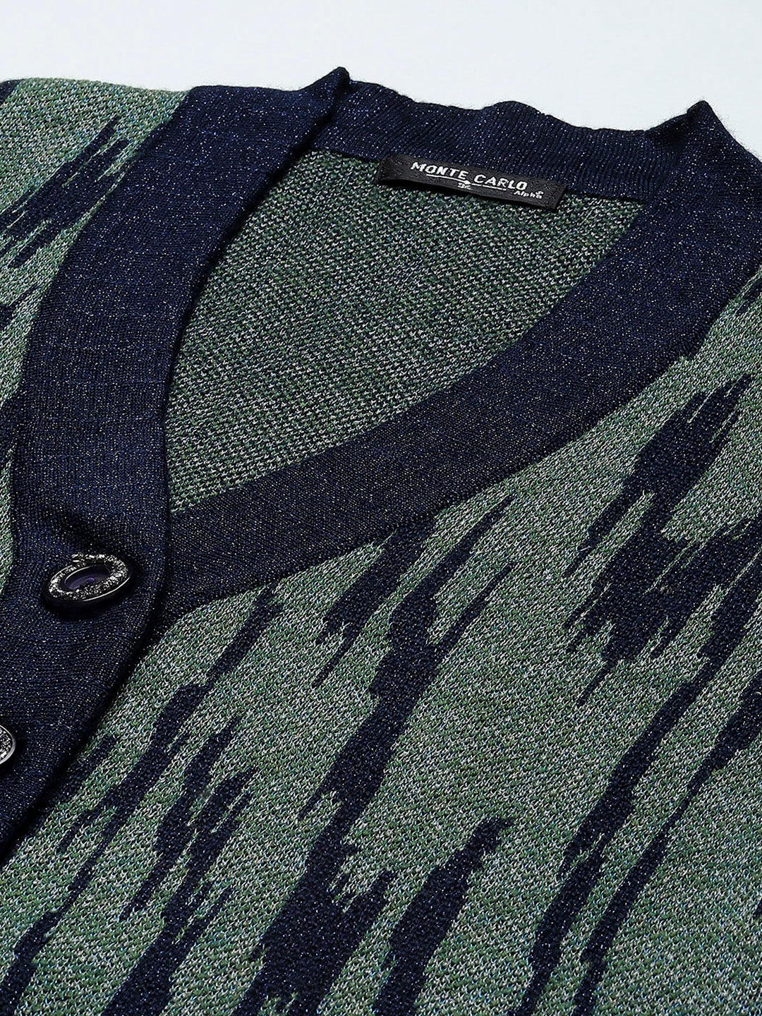 Women Navy Blue Self Design V Neck Full Sleeve Cardigan