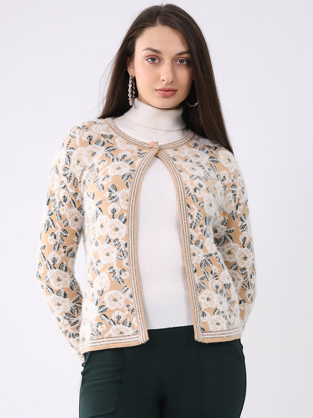 Women Beige Printed Round Neck Full Sleeve Cardigan