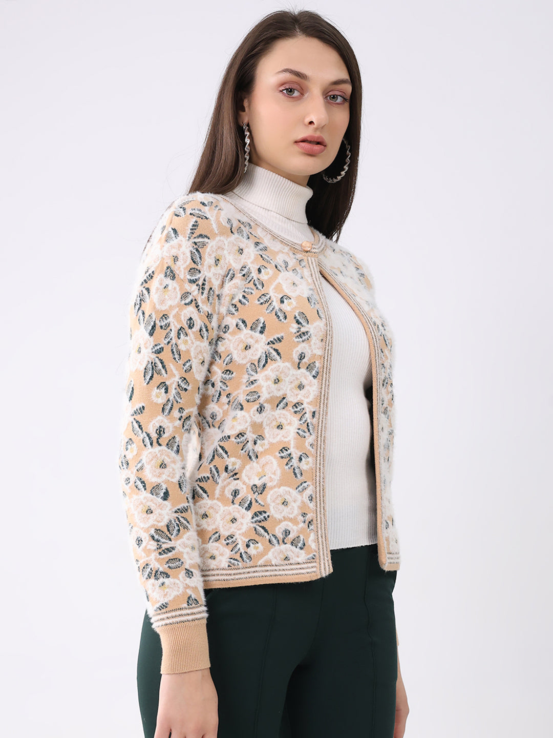 Women Beige Printed Round Neck Full Sleeve Cardigan