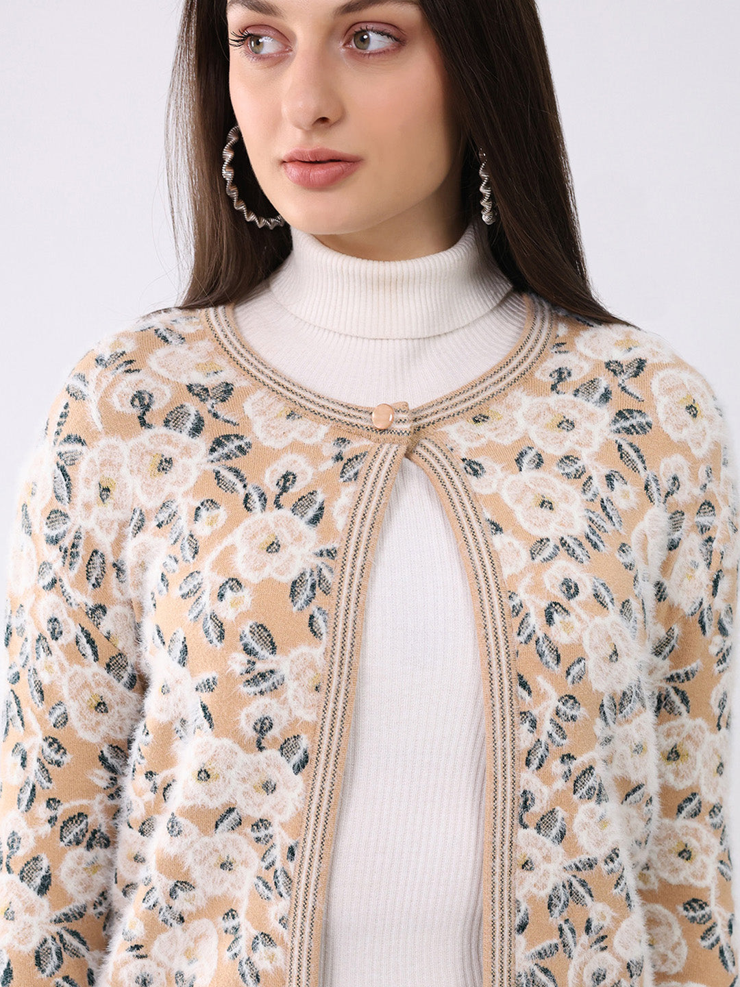Women Beige Printed Round Neck Full Sleeve Cardigan