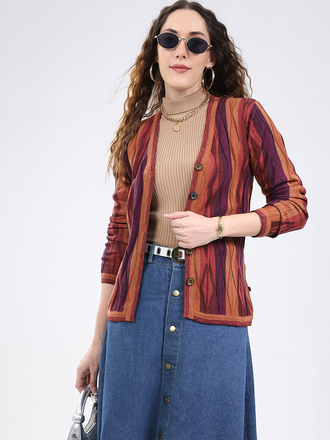 Women Multicolor Wave Stripe V Neck Full Sleeve Cardigan