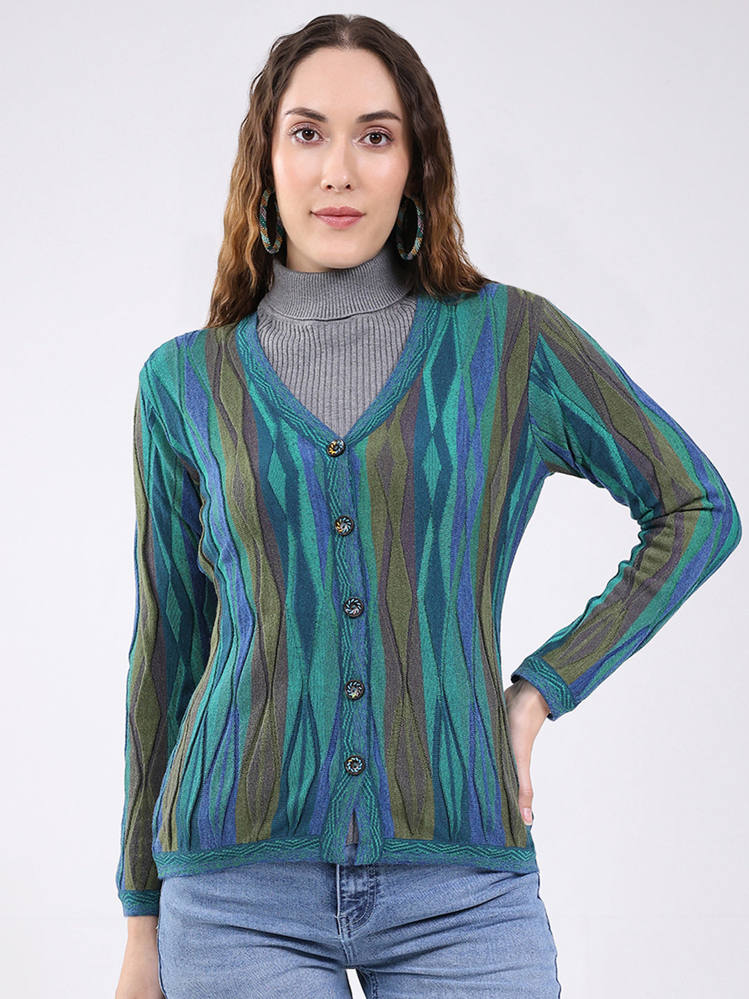 Women Green Printed V Neck Full Sleeve Cardigan
