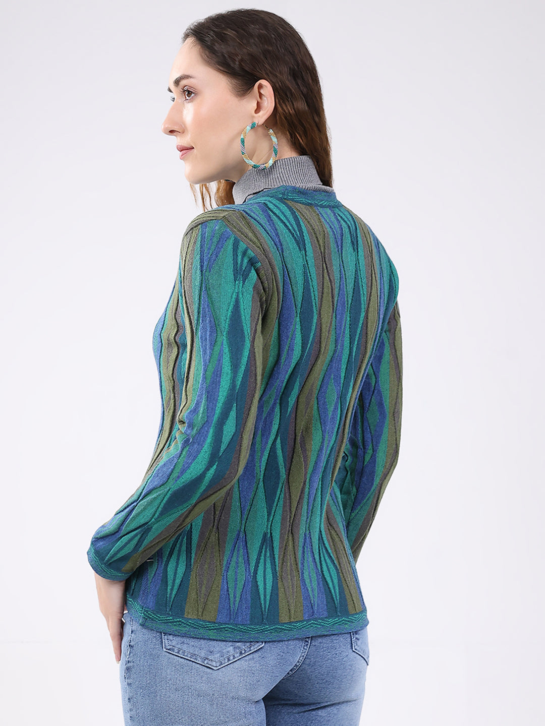 Women Green Printed V Neck Full Sleeve Cardigan